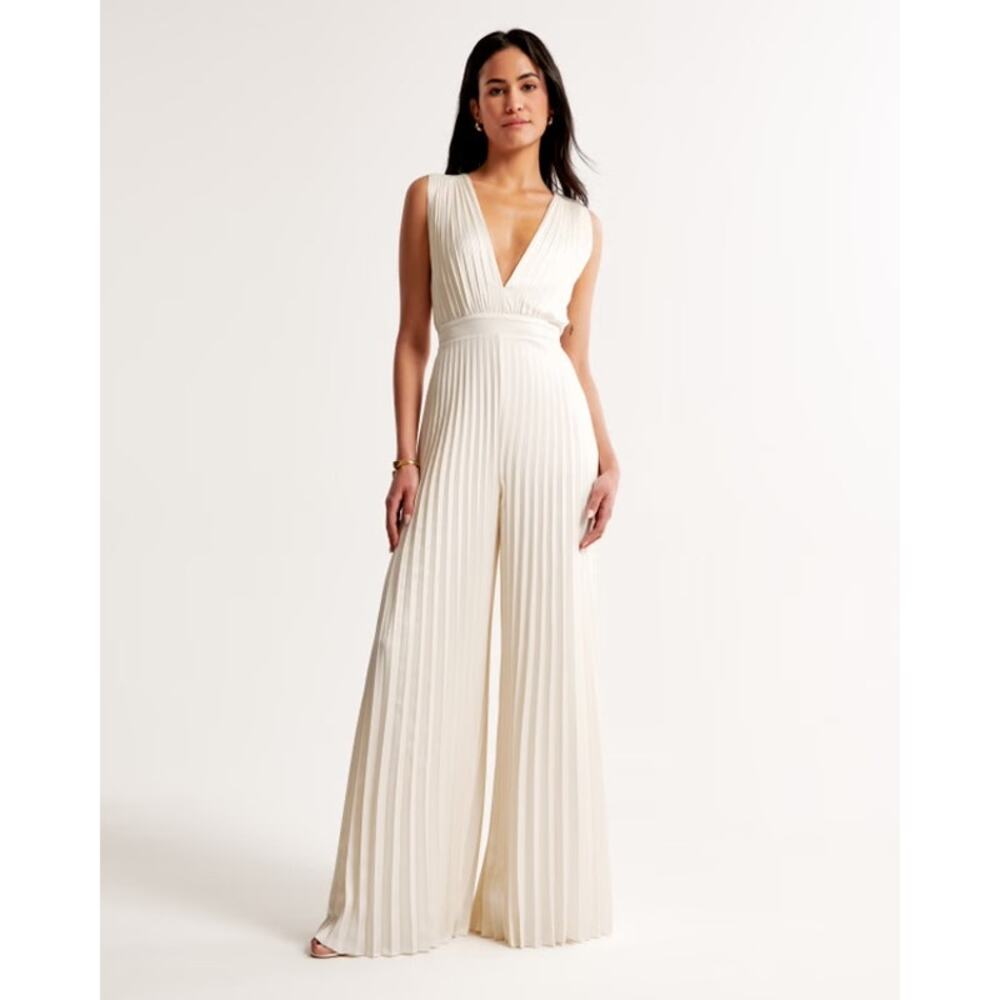 Abercrombie & Fitch Cream Pleated Deep-V Jumpsuit